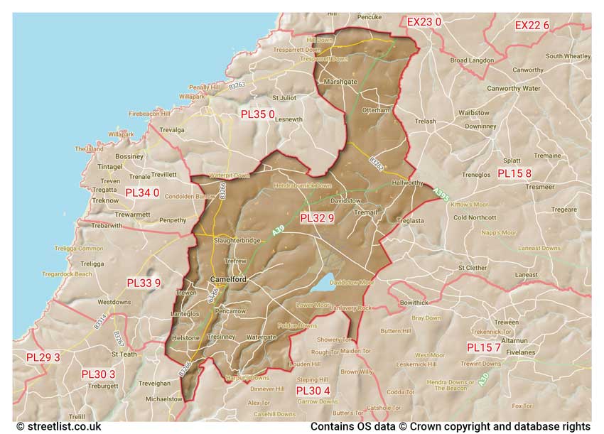 map showing postcode sectors within the PL32 district