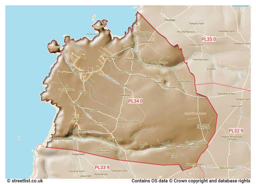 map showing postcode sectors within the PL34 district