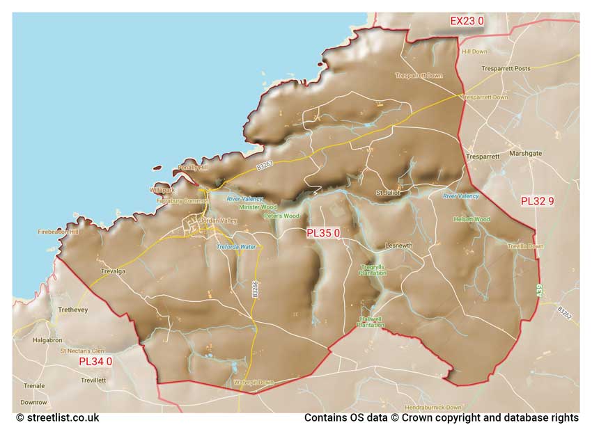 map showing postcode sectors within the PL35 district