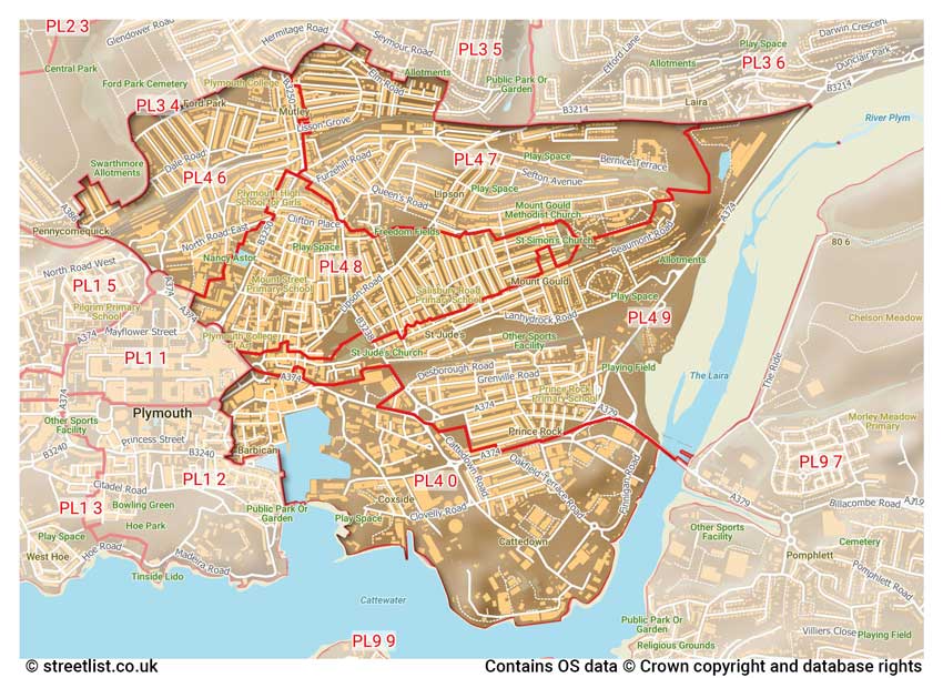 map showing postcode sectors within the PL4 district