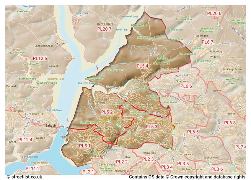 map showing postcode sectors within the PL5 district