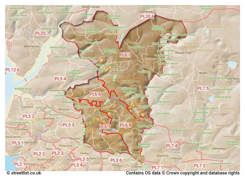 map showing postcode sectors within the PL6 district