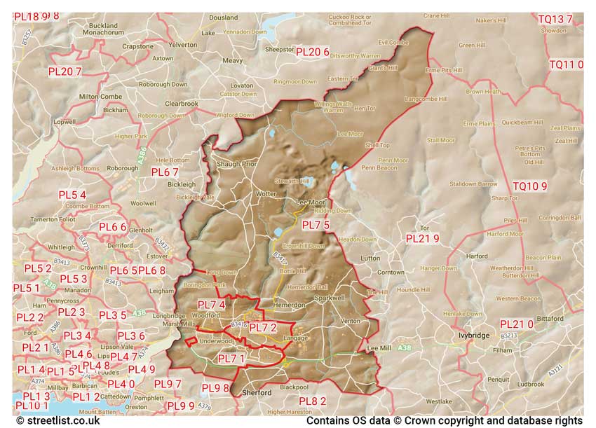 map showing postcode sectors within the PL7 district