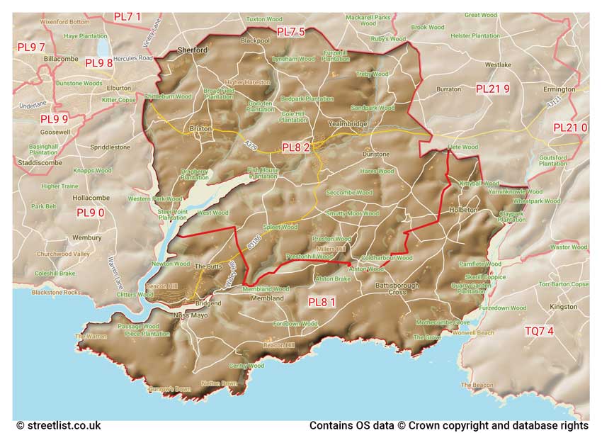 map showing postcode sectors within the PL8 district