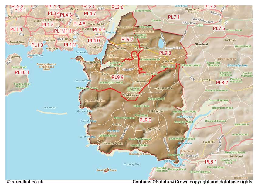 map showing postcode sectors within the PL9 district