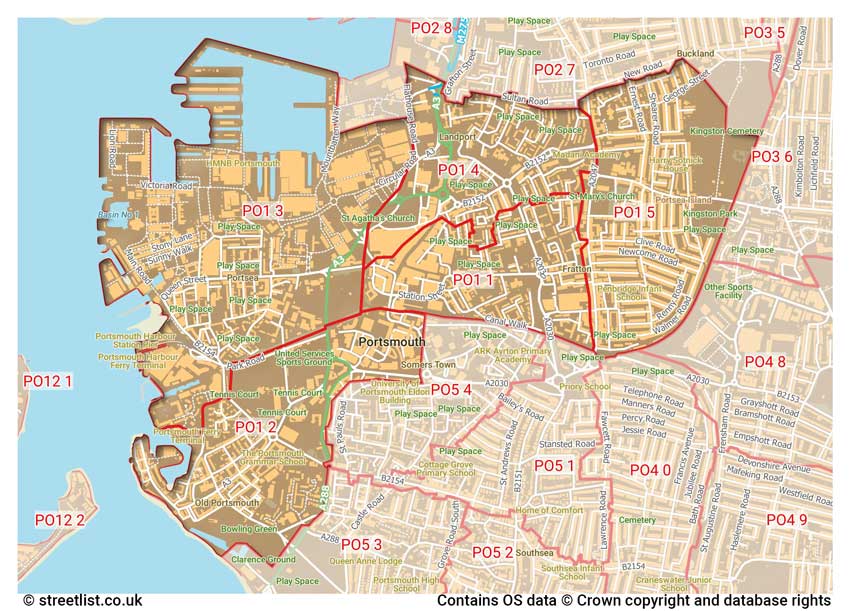 map showing postcode sectors within the PO1 district