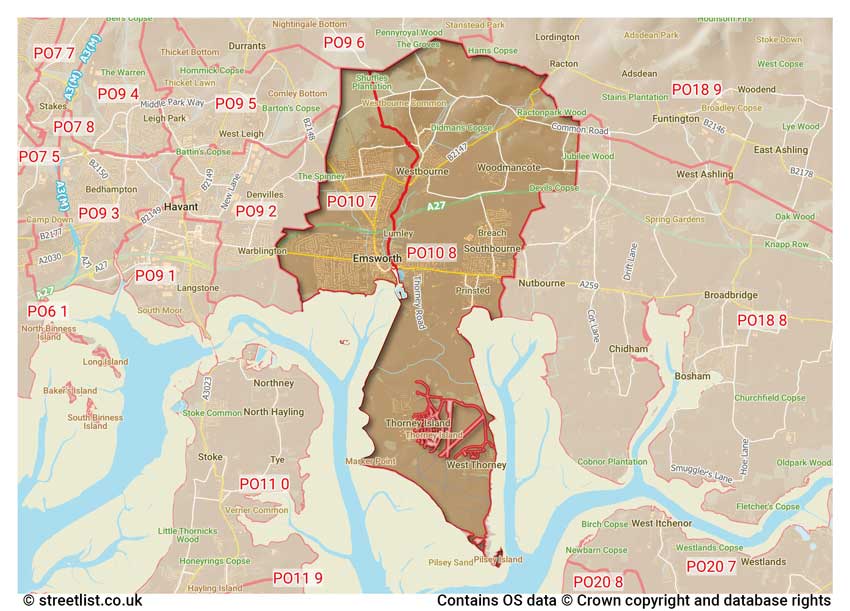 map showing postcode sectors within the PO10 district