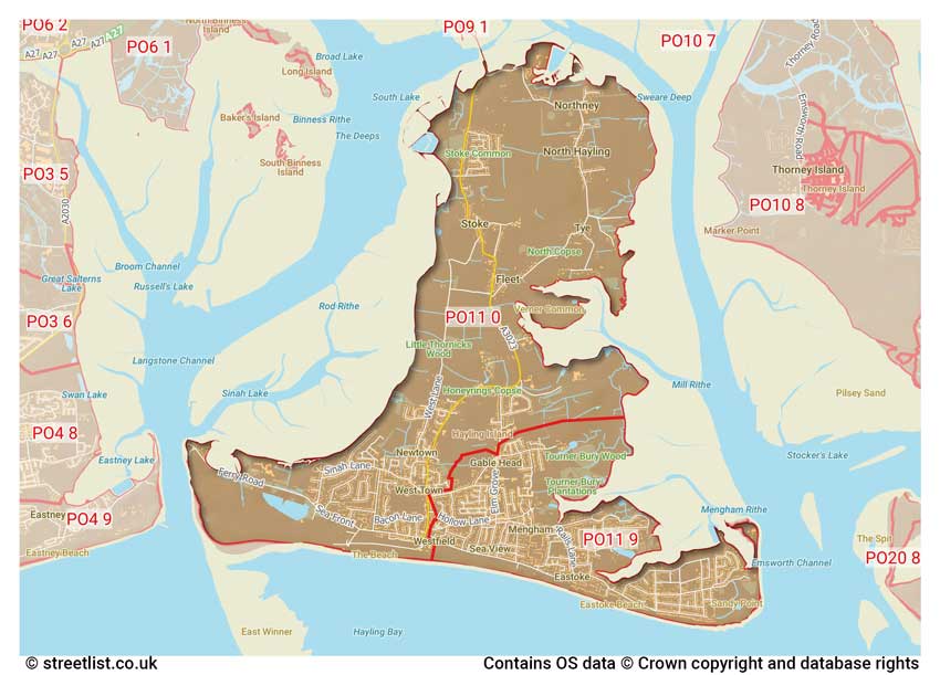 map showing postcode sectors within the PO11 district