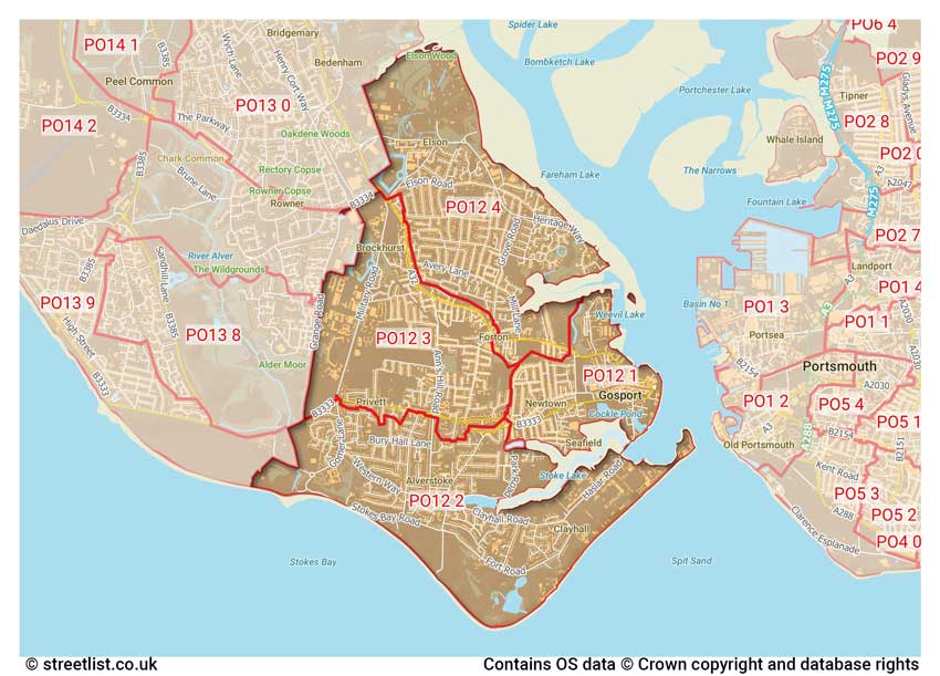 map showing postcode sectors within the PO12 district