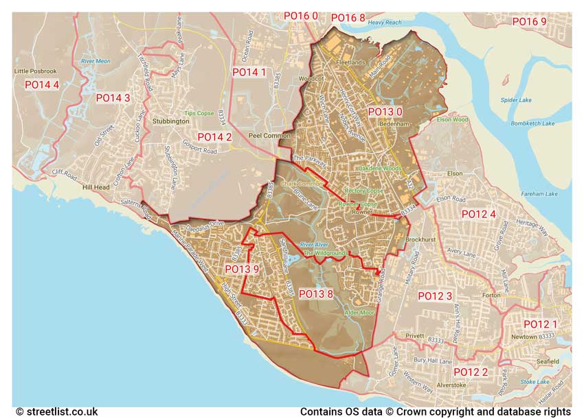 map showing postcode sectors within the PO13 district