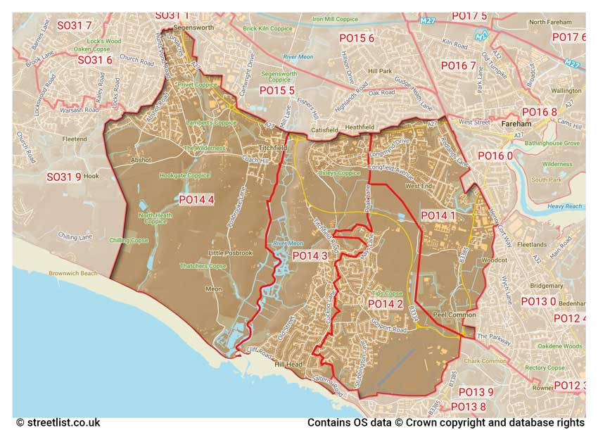 map showing postcode sectors within the PO14 district