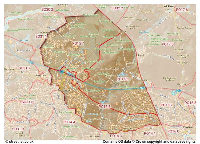 map showing postcode sectors within the PO15 district