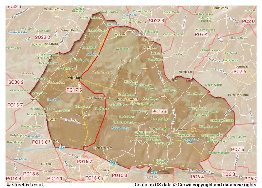 map showing postcode sectors within the PO17 district