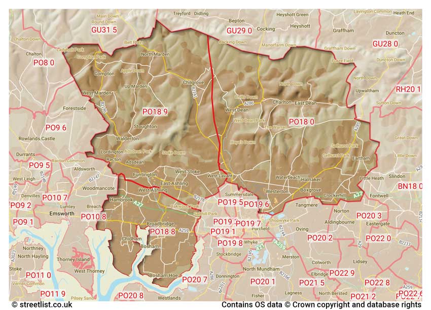 map showing postcode sectors within the PO18 district