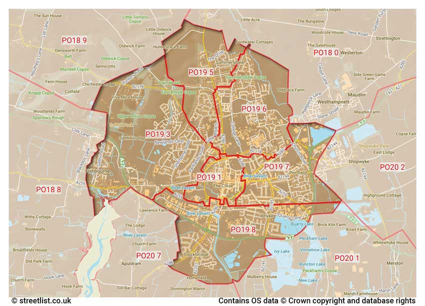 map showing postcode sectors within the PO19 district