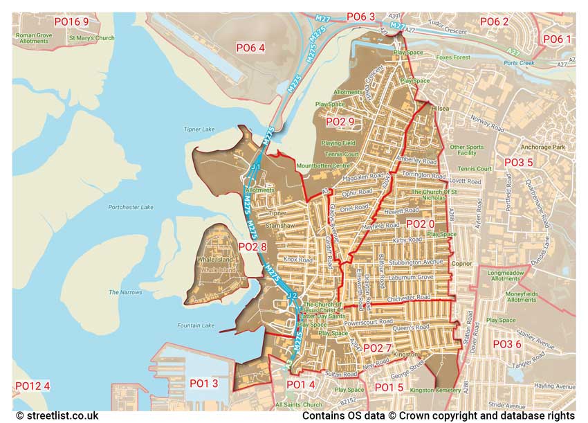 map showing postcode sectors within the PO2 district