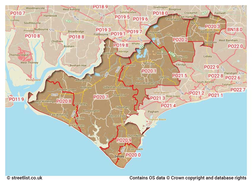 map showing postcode sectors within the PO20 district