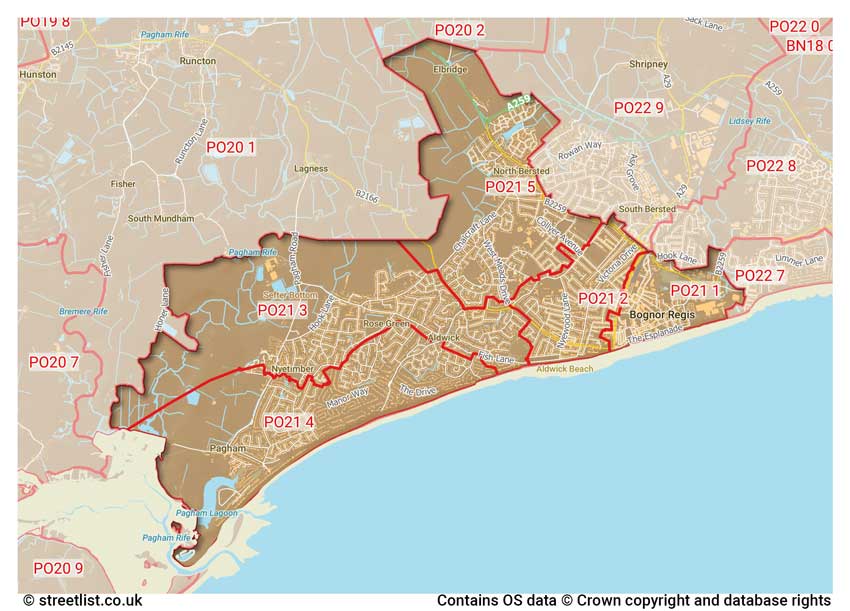 map showing postcode sectors within the PO21 district