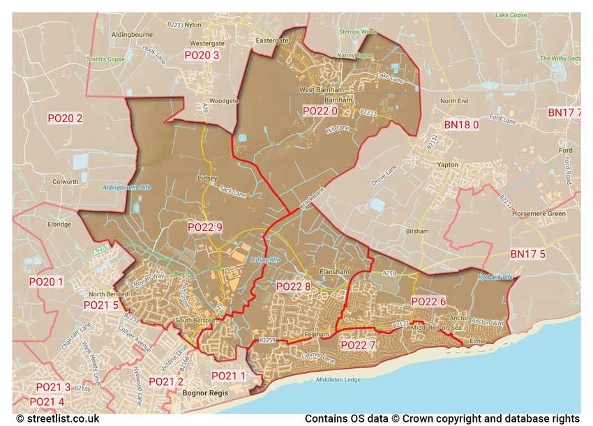 map showing postcode sectors within the PO22 district