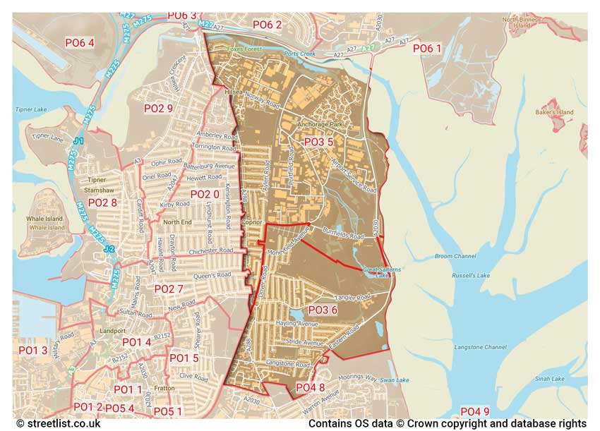 map showing postcode sectors within the PO3 district