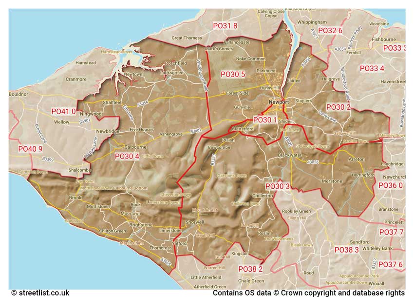 map showing postcode sectors within the PO30 district