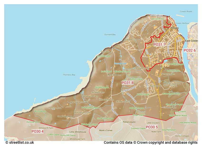 map showing postcode sectors within the PO31 district