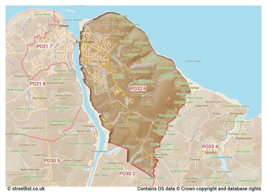 map showing postcode sectors within the PO32 district