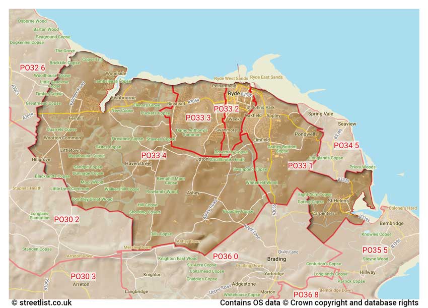 map showing postcode sectors within the PO33 district