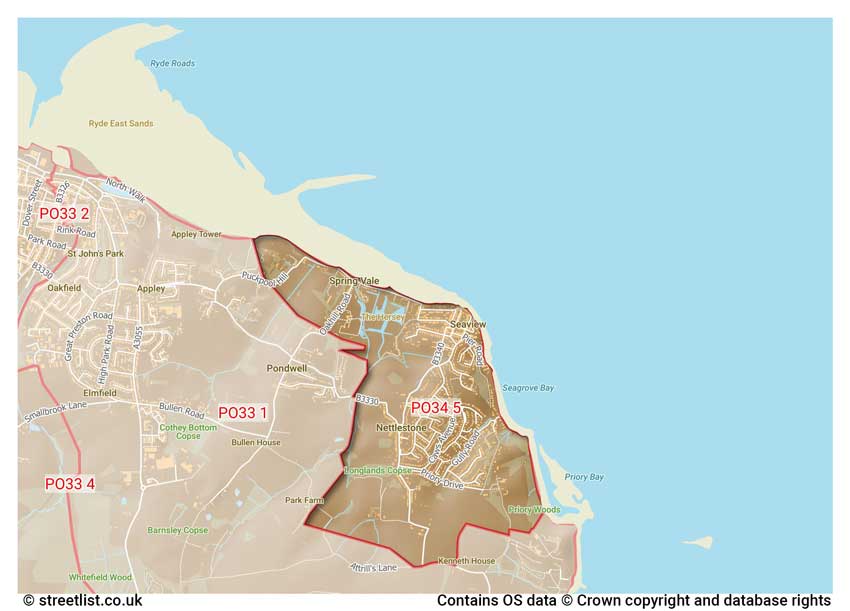 map showing postcode sectors within the PO34 district