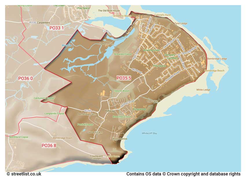 map showing postcode sectors within the PO35 district