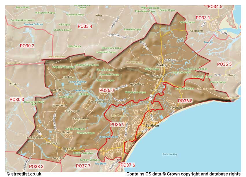 map showing postcode sectors within the PO36 district