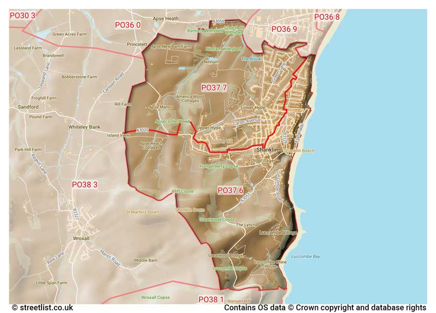 map showing postcode sectors within the PO37 district