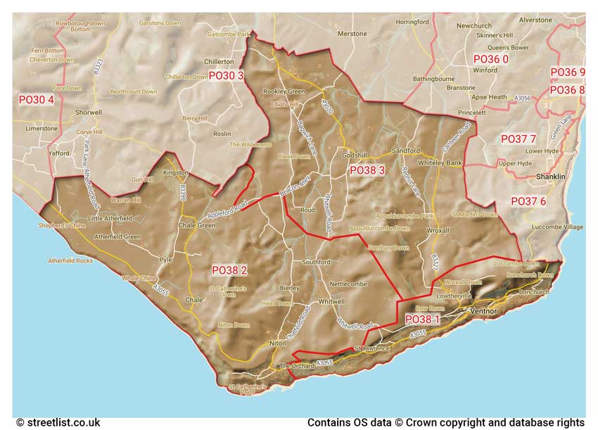 map showing postcode sectors within the PO38 district