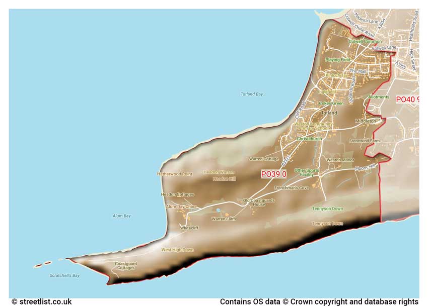 map showing postcode sectors within the PO39 district