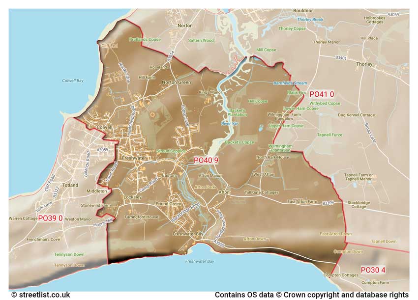 map showing postcode sectors within the PO40 district