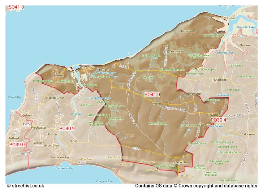 map showing postcode sectors within the PO41 district