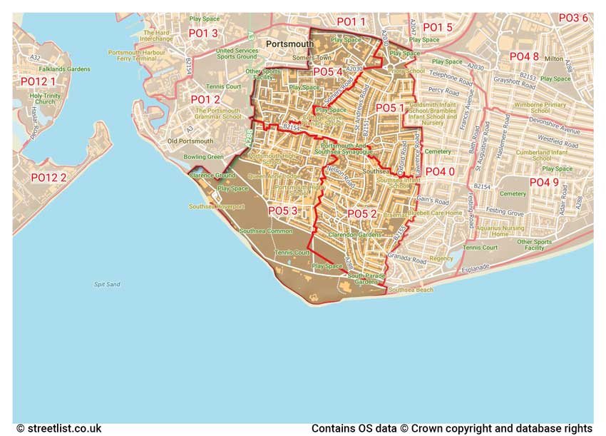 map showing postcode sectors within the PO5 district