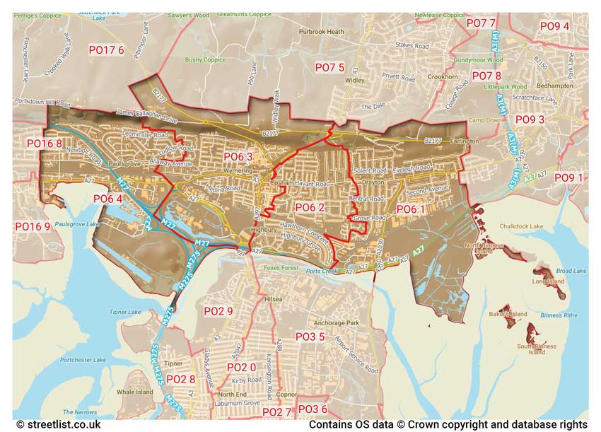 map showing postcode sectors within the PO6 district