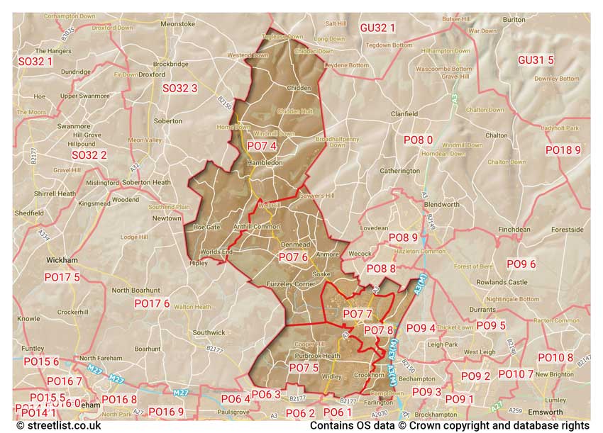 map showing postcode sectors within the PO7 district