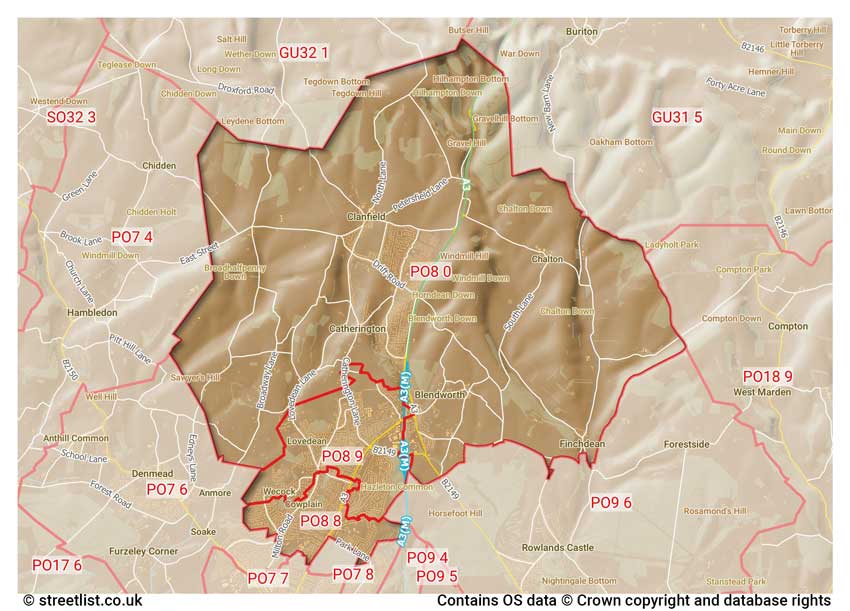 map showing postcode sectors within the PO8 district