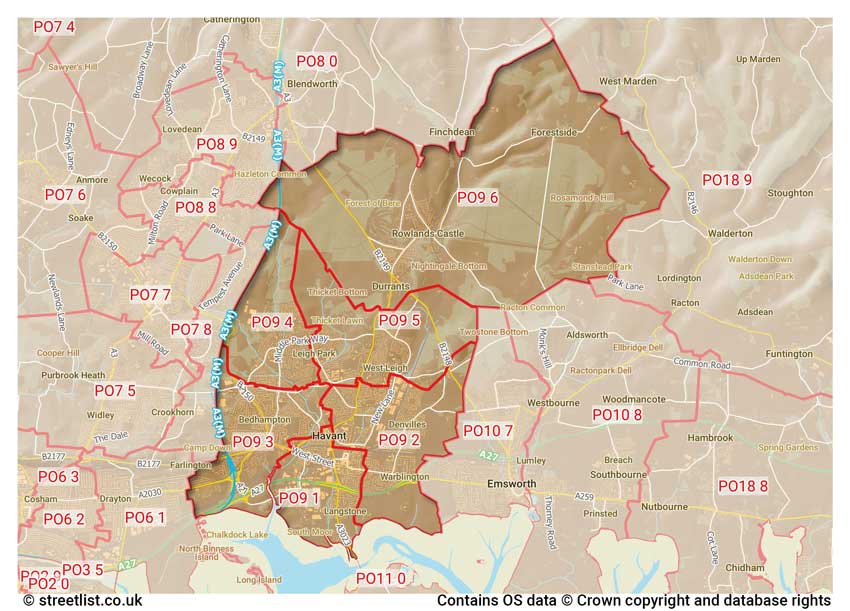 map showing postcode sectors within the PO9 district