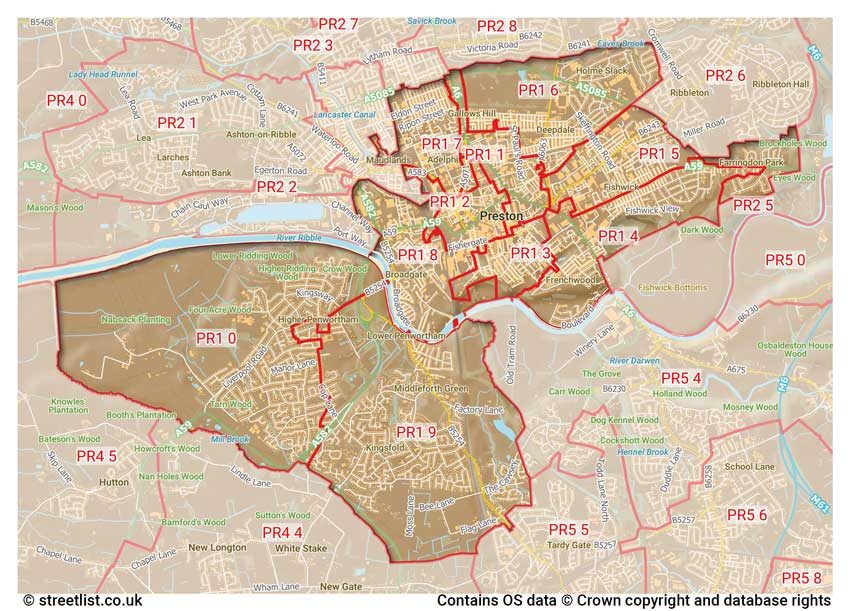 map showing postcode sectors within the PR1 district