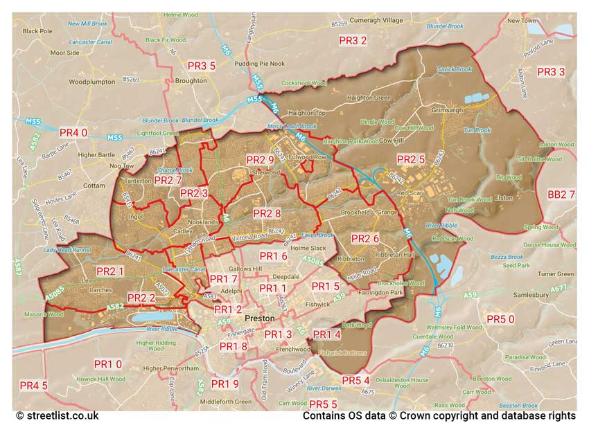 map showing postcode sectors within the PR2 district