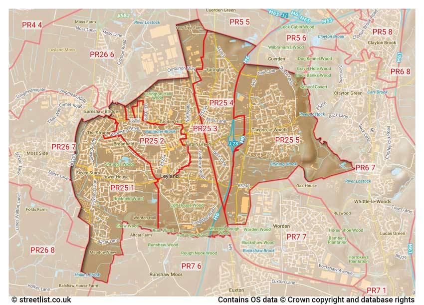 map showing postcode sectors within the PR25 district