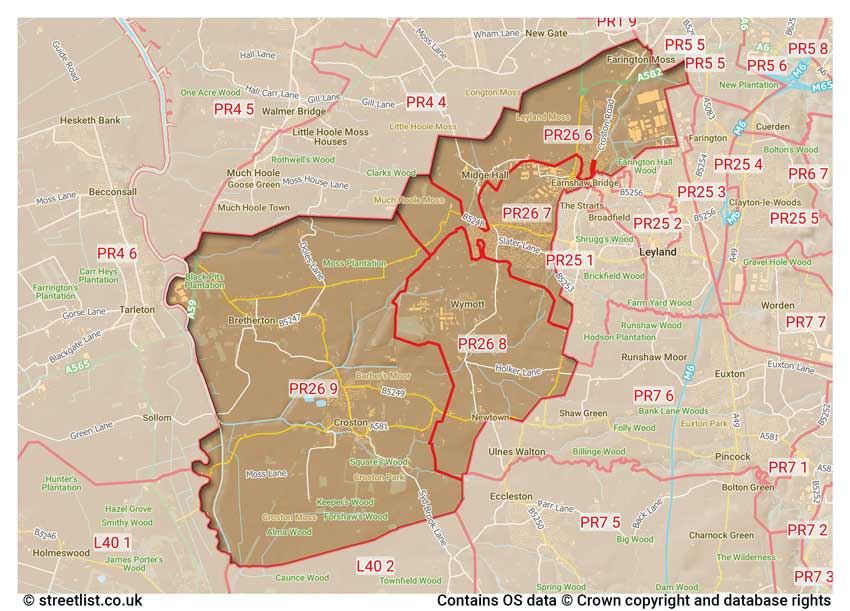 map showing postcode sectors within the PR26 district