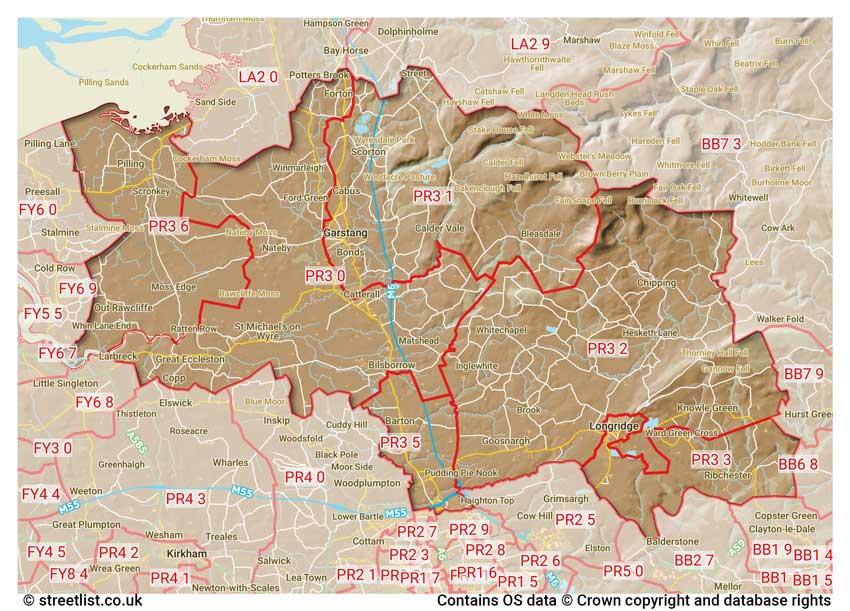 map showing postcode sectors within the PR3 district