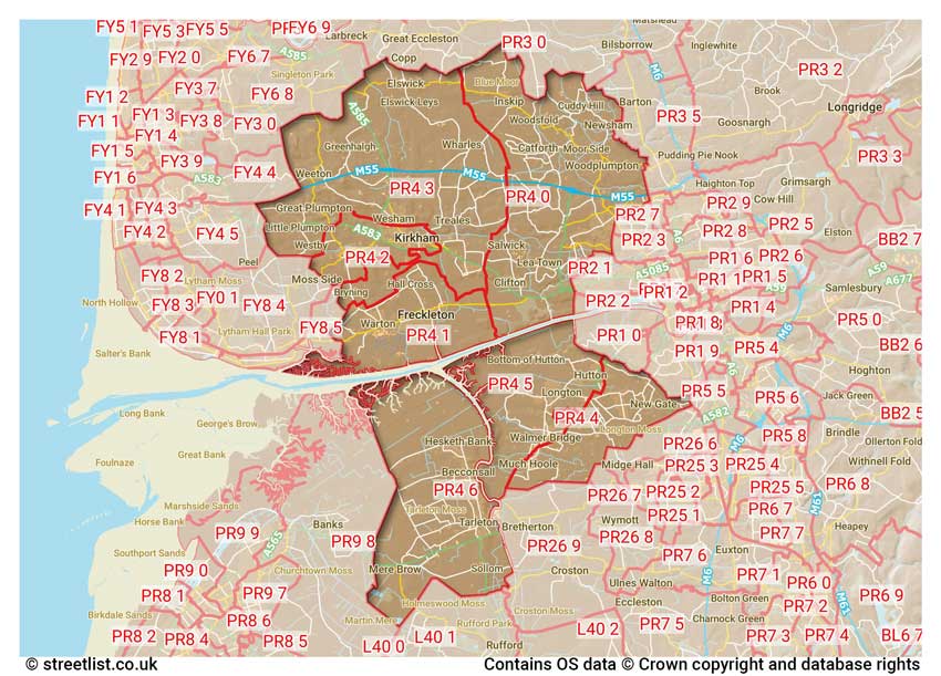 map showing postcode sectors within the PR4 district