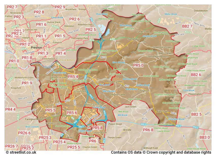 map showing postcode sectors within the PR5 district