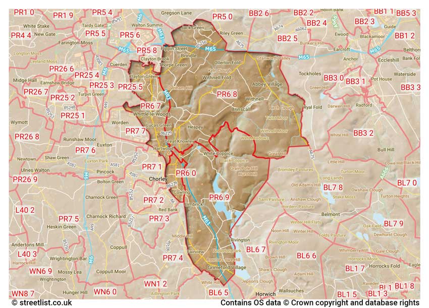 map showing postcode sectors within the PR6 district