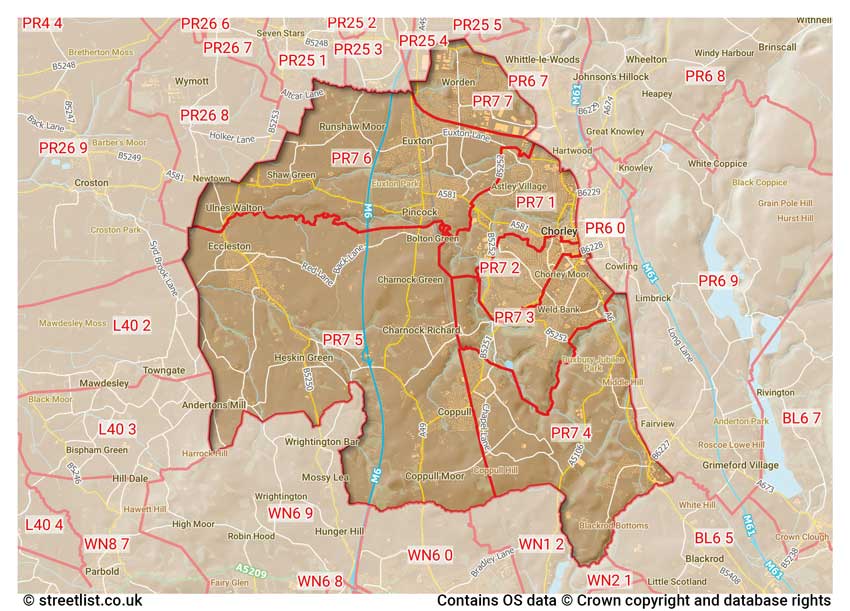 map showing postcode sectors within the PR7 district